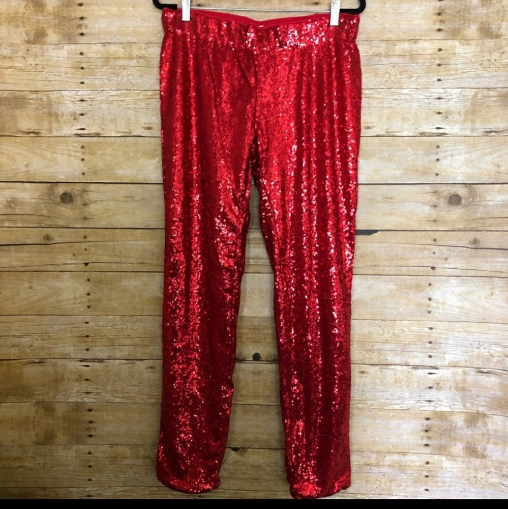 Elysia Red Sequin Straight Leg Holiday Party Pants